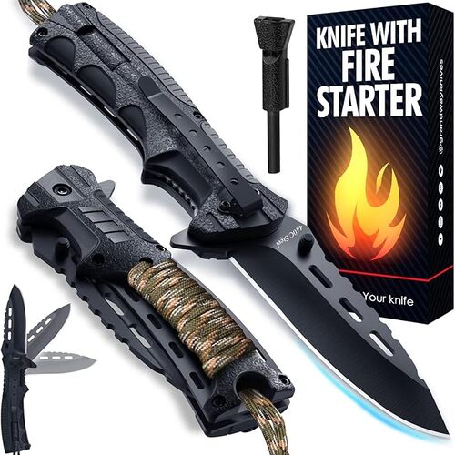 Spring-Assisted-Knife-with-Fire-Starter-Whistle-Paracord-Handle